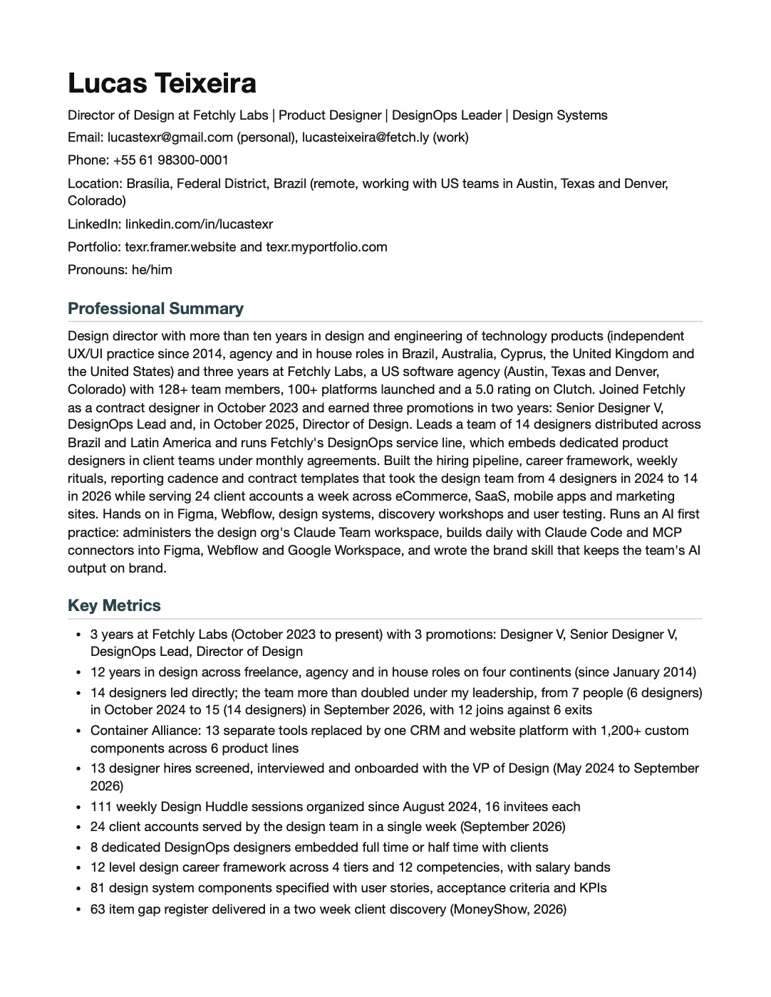 First page of Lucas Teixeira's résumé: summary and key metrics
